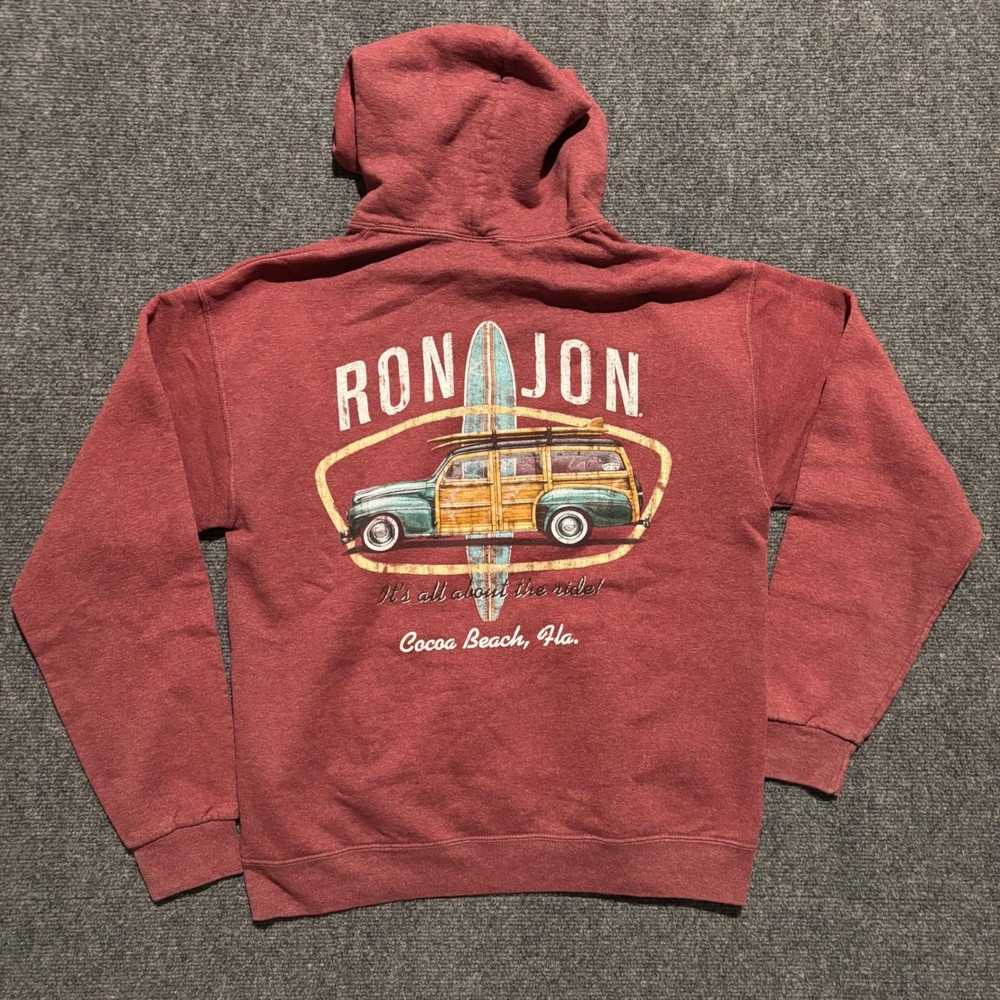 Ron Jon Surf Shop Hoodie Cocoa Beach Florida Woody Wagon Maroon Mens Medium
